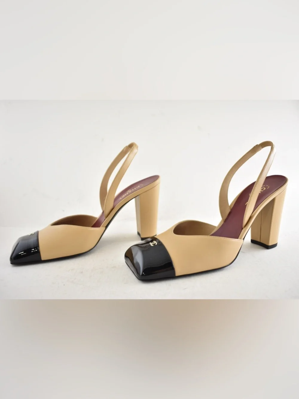 Chanel 26S Blazy Beige Black Square Toe Sling CC Slingback Block Heel Pump 40 - Picture 13 of 16